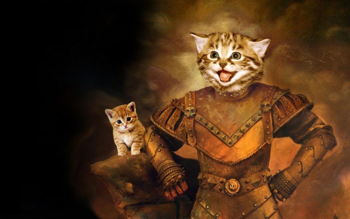 Cat knight with kitten in armor