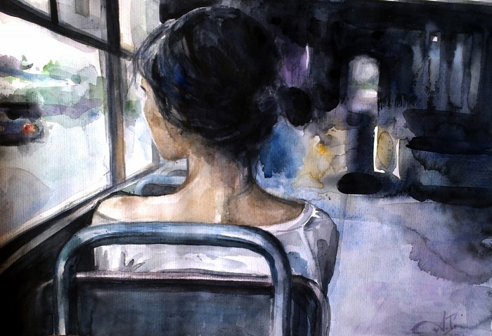 Painting of a woman looking out a bus window