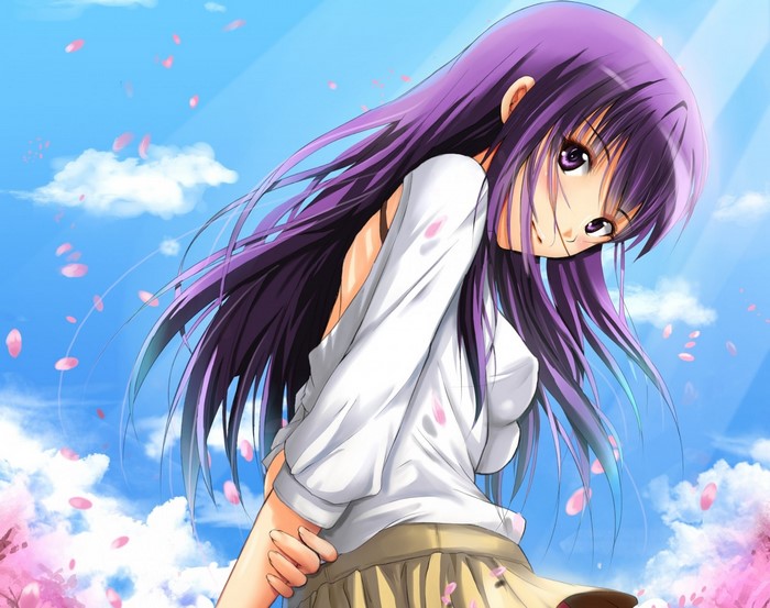 Anime girl with purple hair and white shirt