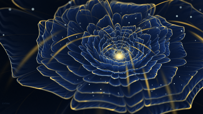 Abstract blue fractal flower with golden accents
