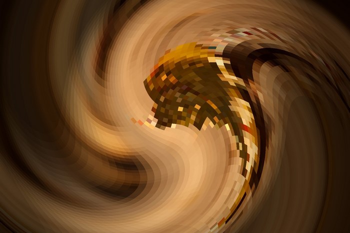 Abstract spiral with pixelated details in brown and yellow
