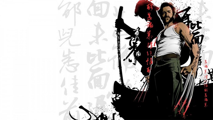Wolverine from Marvel Comics with Japanese calligraphy