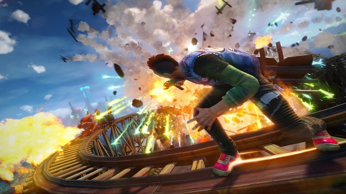 Sunset Overdrive screenshot of character in explosion