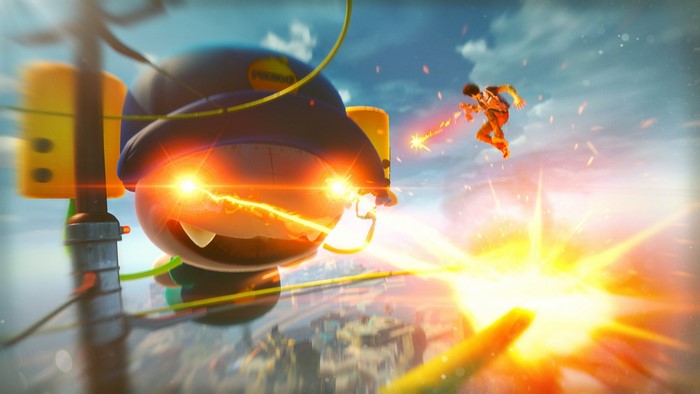 Sunset Overdrive character firing weapon at large enemy