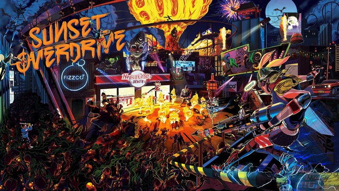 Sunset Overdrive characters and mutants in a city