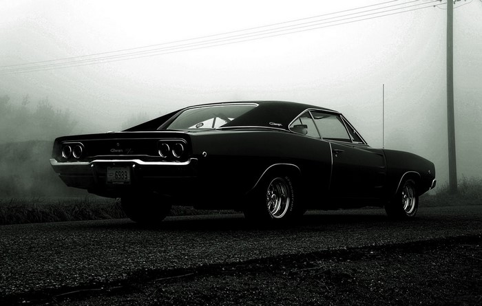 Black 1968 Dodge Charger in Fog