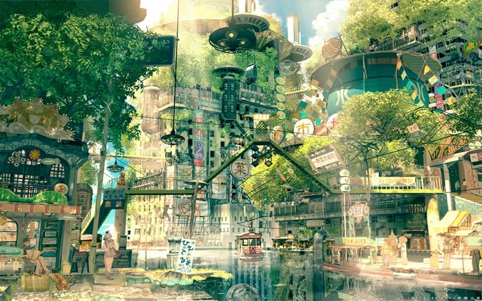 Anime cityscape with canals and lush greenery