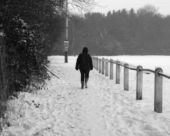 Person walking on a snowy path next to a fence
