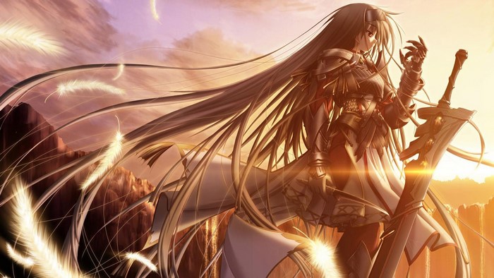 Anime woman warrior with sword and feathers