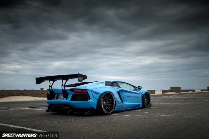 Blue Lamborghini Aventador with Liberty Walk Body Kit