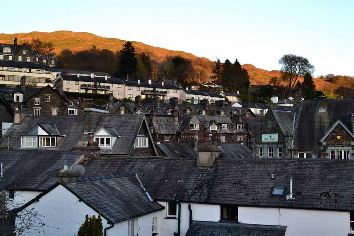Townscape with rolling hills in the background