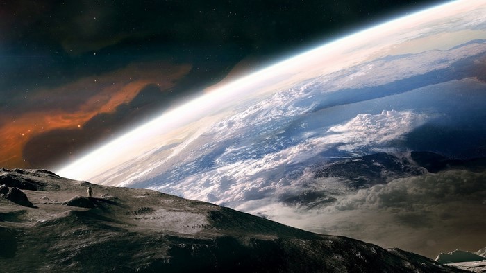 Astronaut on moon overlooking Earth and nebula