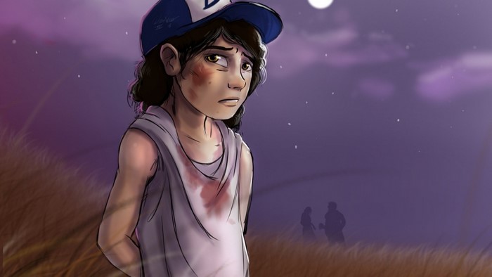 Clementine from The Walking Dead in a field at night