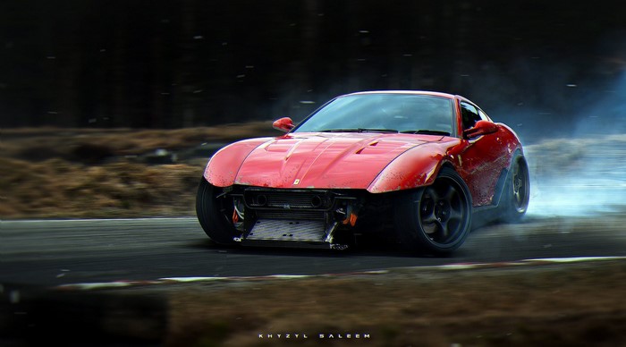 Red Ferrari 599 GTO drifting on a race track