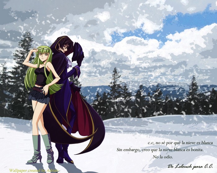 Lelouch and C.C. from Code Geass in a snowy landscape
