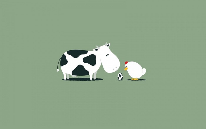 Cow and chicken with spotted egg illustration