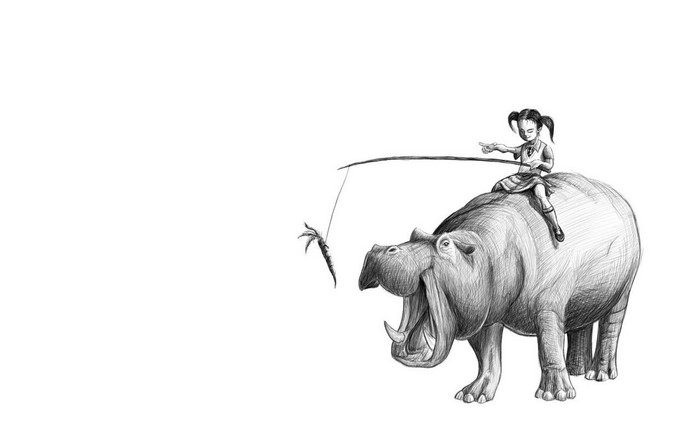 Girl riding a hippo with a carrot on a stick