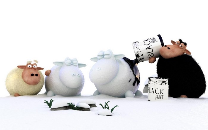 Cartoon sheep painting each other black in the snow