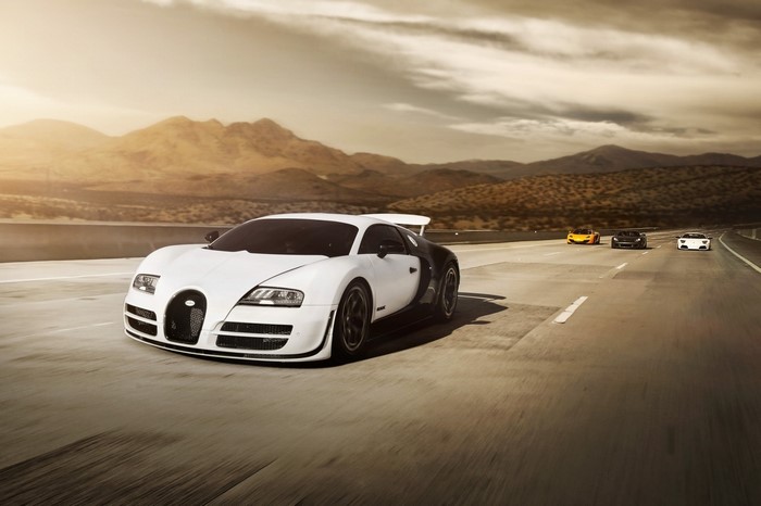 Bugatti Veyron and Exotic Sports Cars on Desert Highway