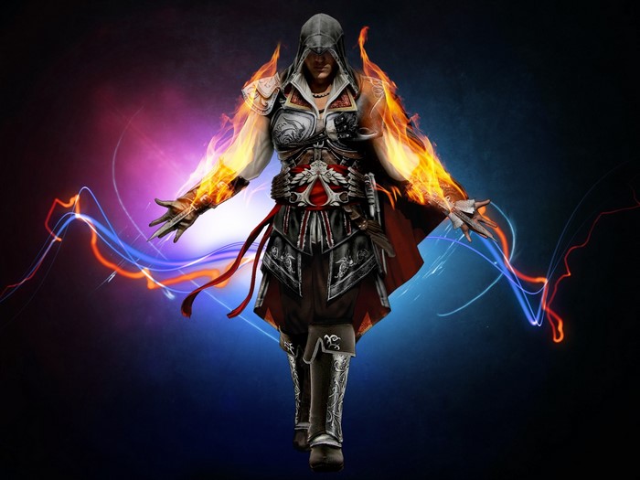 Ezio Auditore from Assassin's Creed with fire and energy