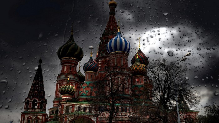 Saint Basil's Cathedral in Moscow during a rainstorm