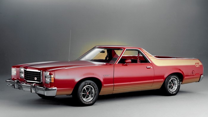 Red Ford Ranchero GT with gold accents