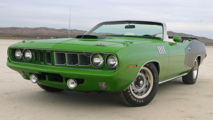 Green 1970 Plymouth Barracuda Convertible in a Desert Landscape