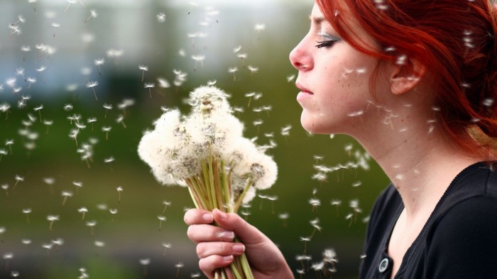 Redhead woman blowing dandelion seeds