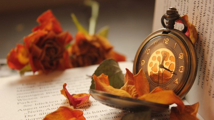 Pocket watch and dried roses on a book