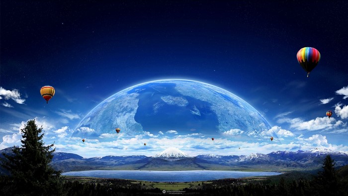 Planet Earth and hot air balloons in starry night sky