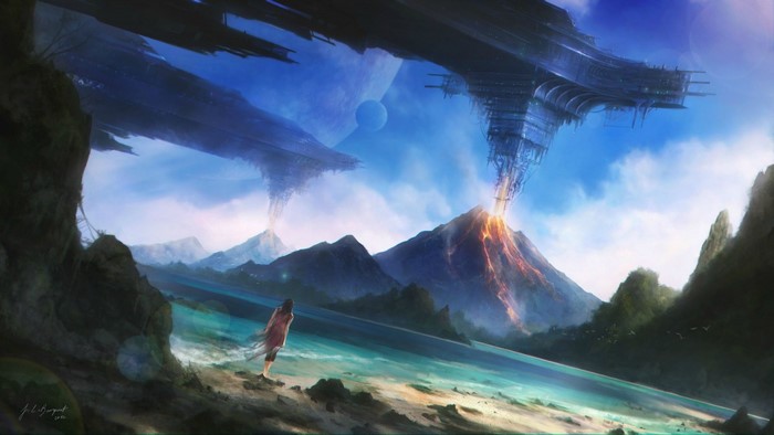 Spaceships over volcanoes on an alien planet