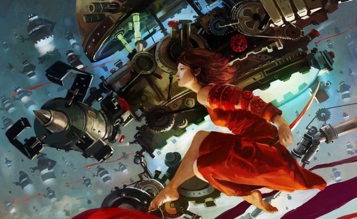 Steampunk girl in red dress flying with mechs