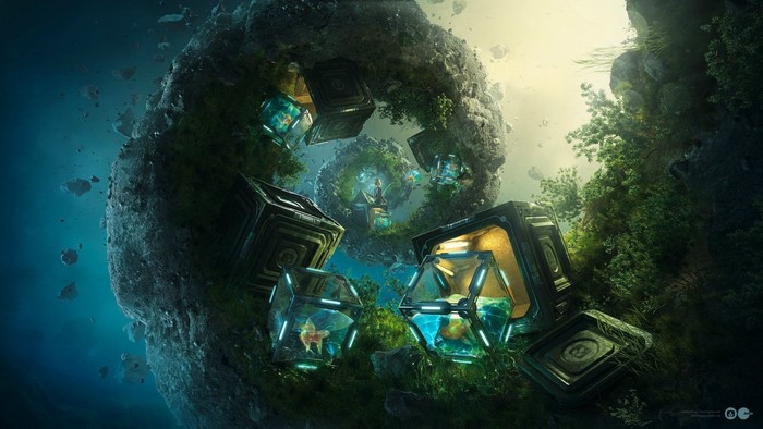 Floating alien habitats with goldfish in hexagonal tanks
