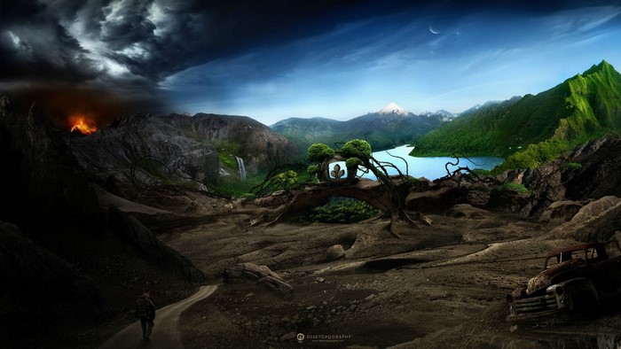 Volcano and serene landscape with old car