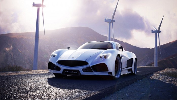 White Mazzanti Evantra V8 sports car with wind turbines