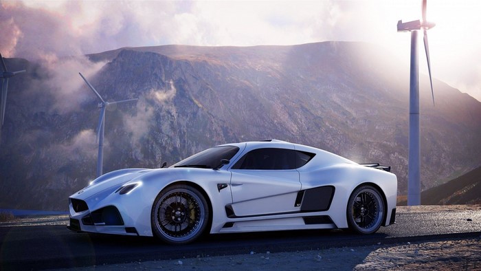 White Mazzanti Evantra V8 sports car with wind turbines