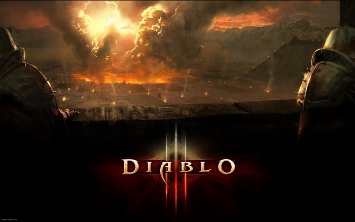 Diablo III wallpaper with warriors and fiery landscape