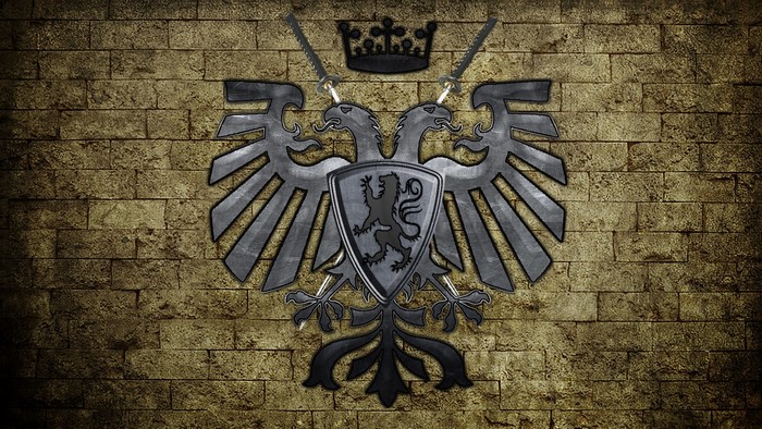 Double-headed eagle coat of arms with swords and crown
