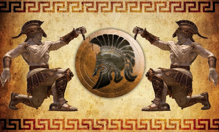 Ancient Greek warriors with shield and helmet