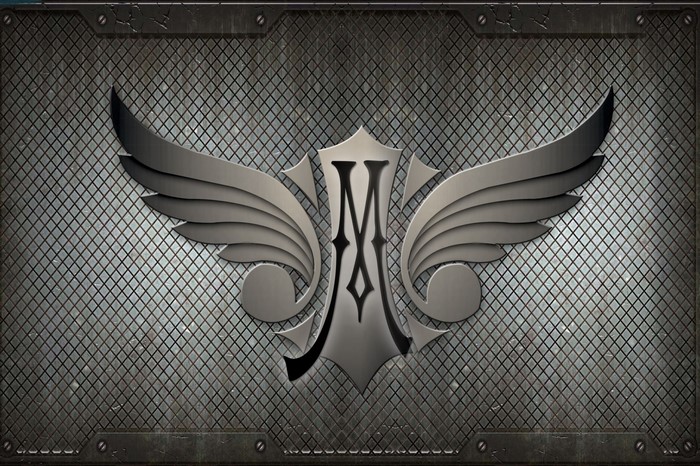 Winged emblem with letter M on textured background