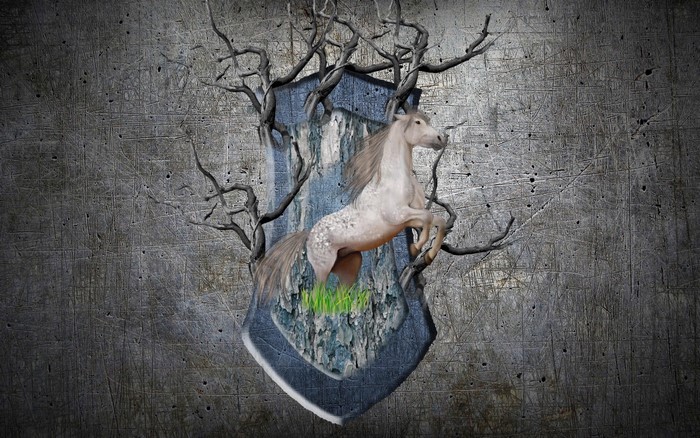 Horse emerging from a crest with branches
