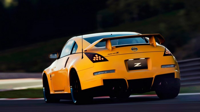 Yellow Nissan Fairlady Z sports car on a track