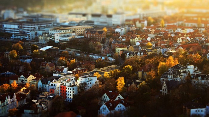 Autumn cityscape with buildings and trees at sunset