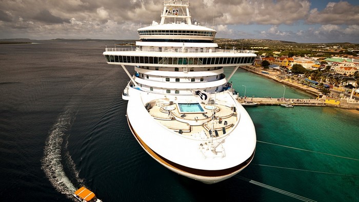 Princess Cruises ship docked at a tropical island harbor