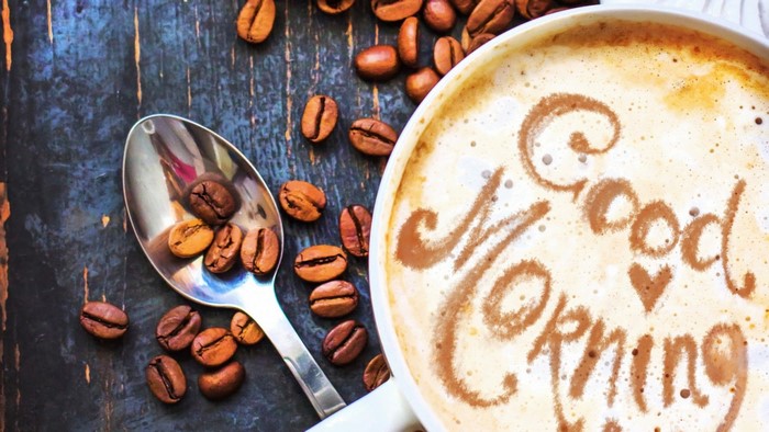 Good Morning coffee with beans and spoon