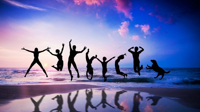 Silhouettes of people and a dog jumping on a beach at sunset