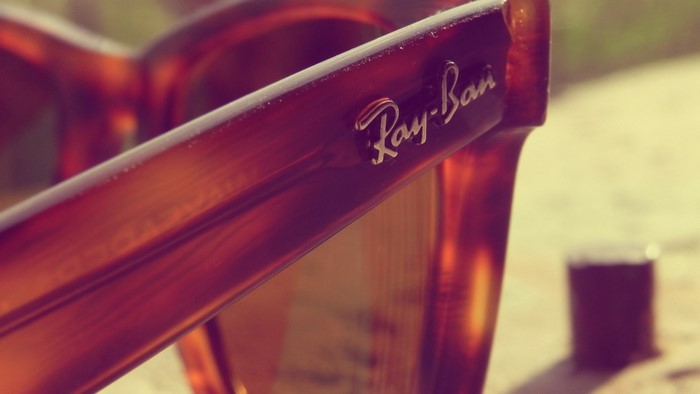 Close up of Ray-Ban sunglasses with amber frame