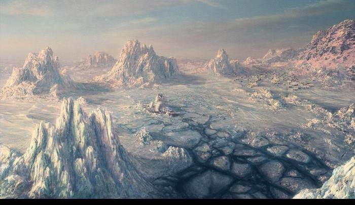 Frozen landscape with jagged ice formations and a distant settlement