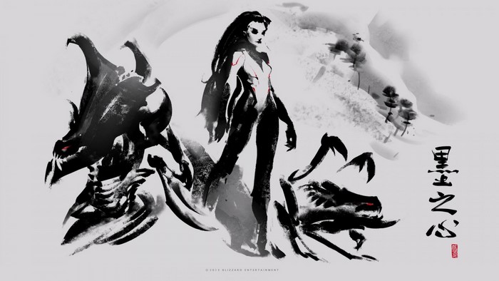Kerrigan and Zerg from StarCraft in ink wash style