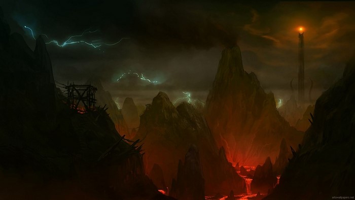 Fantasy landscape with lava, mountains, and lightning